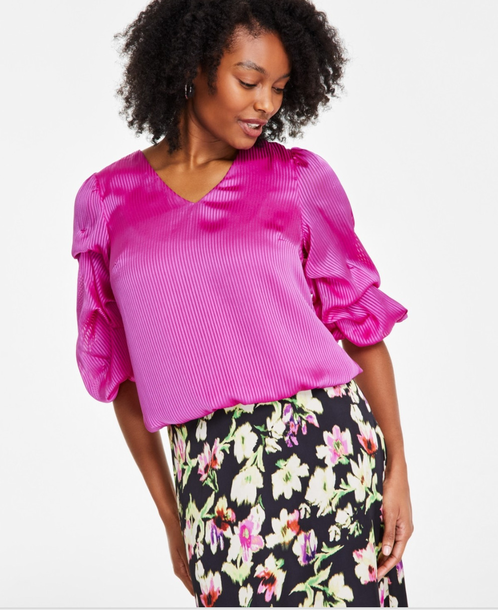Vince Camuto Women V-Neck Bubble Sleeve Top Bloomberry Size XS